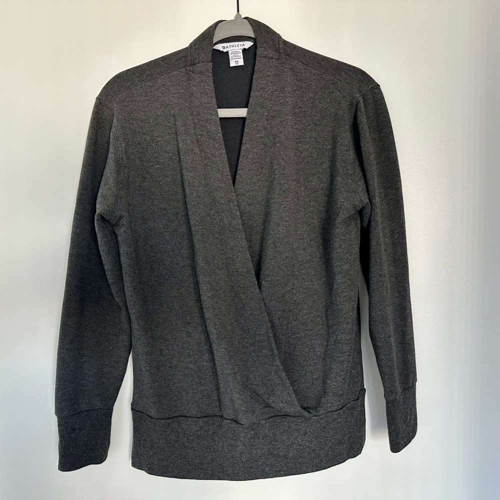 Athleta Purana V-Neck Wrap Sweatshirt Black Heather XS